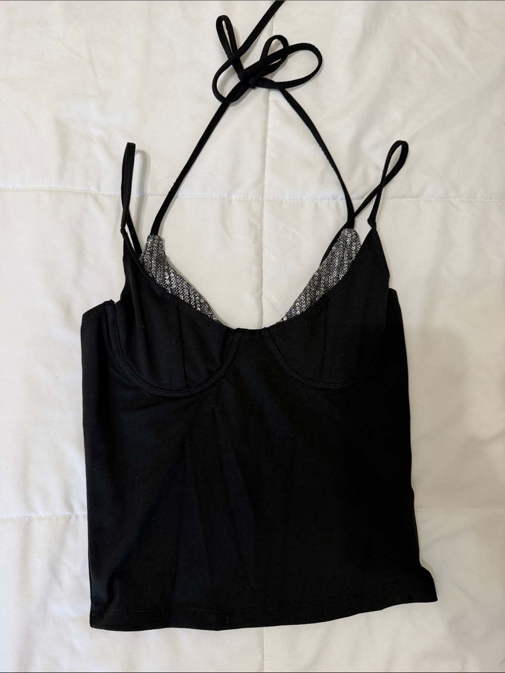 Black Halter Bustier Tank Top with Silver Lining